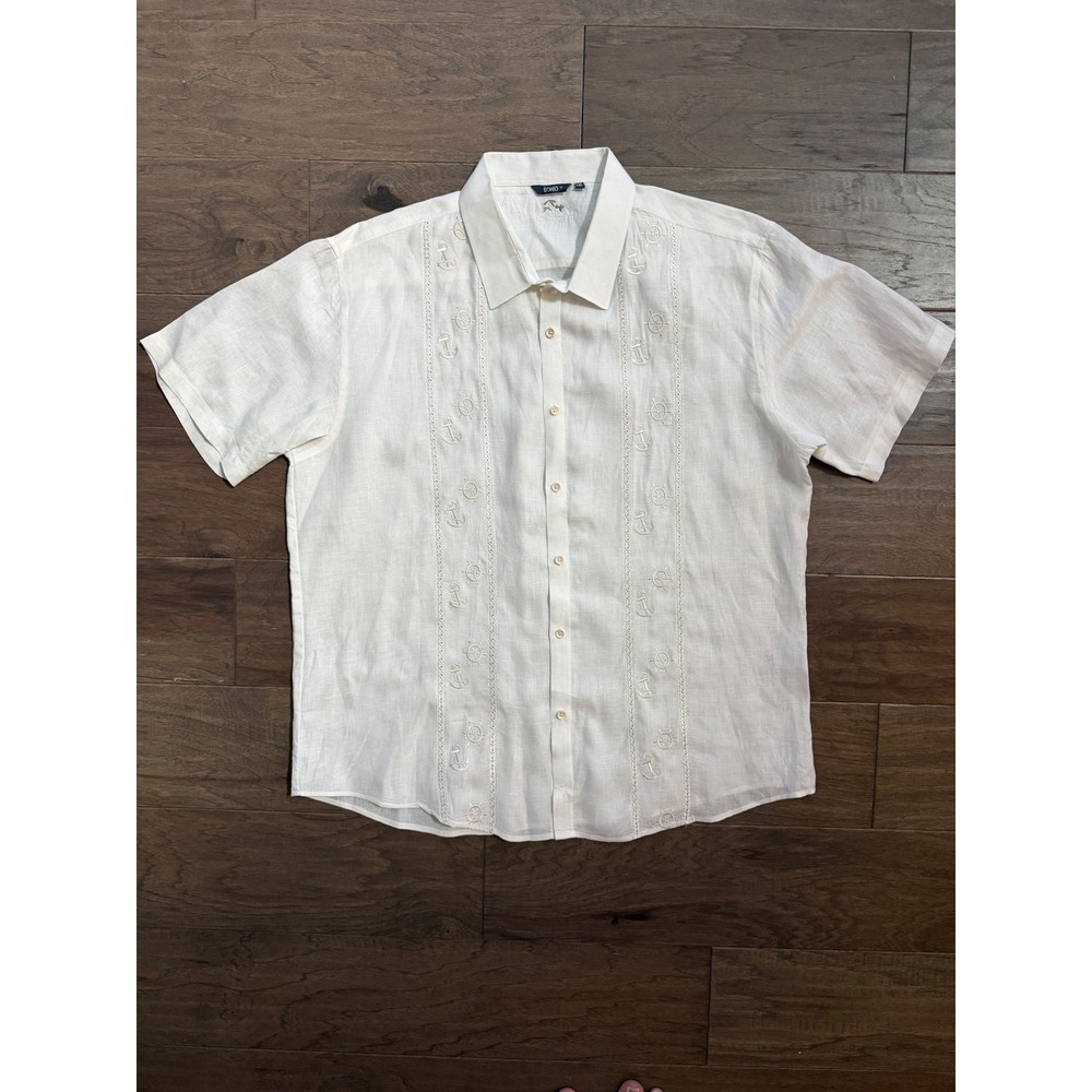 Bohio Button Down Men XXL White Linen Nautical Guayabera Relaxed Beach Shirt